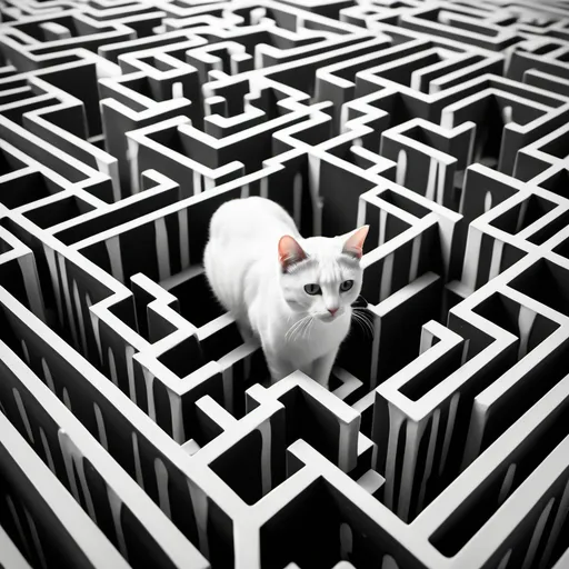 Prompt: Surrealism cats melting into black and white labyrinth maze in an infinite square.