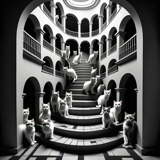 Prompt: Escher style stairs with infinite cats going up and down stairs through a labyrinth of arches