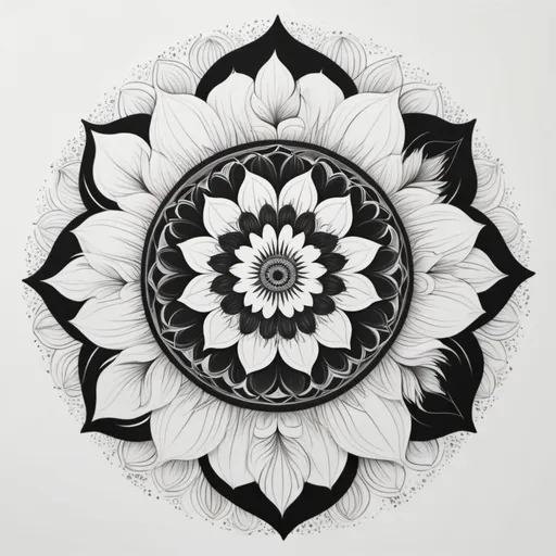Prompt: Black and white mandala flower with petals becoming cats walking in a circle 
