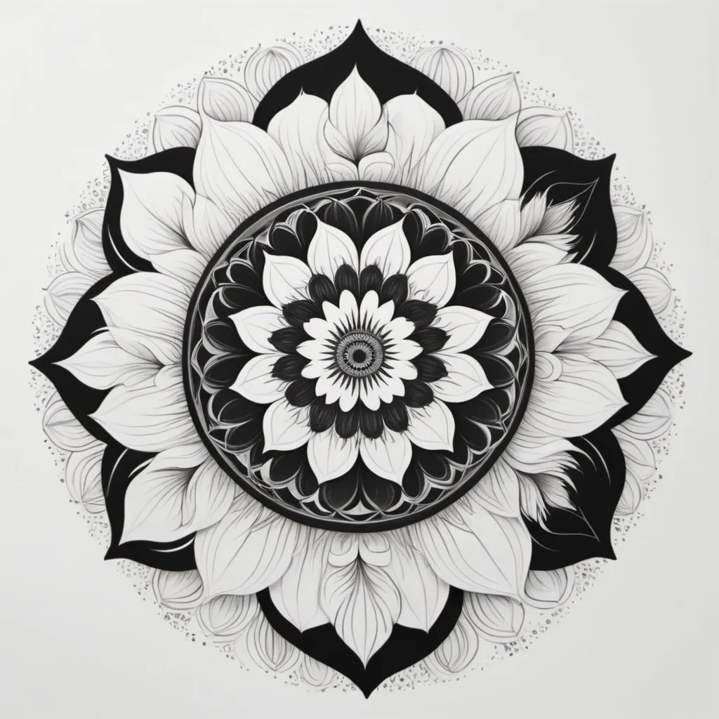 Prompt: Black and white mandala flower with petals becoming cats walking in a circle 