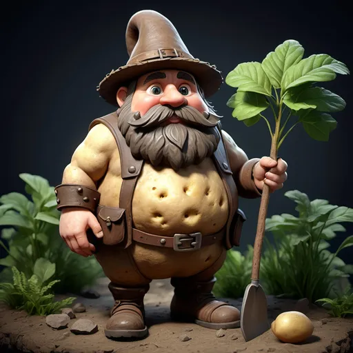 Prompt: Create a detailed 3D model of a small, rotund, dwarf-like character with a potato-textured body. The character should have a large, bushy mustache and be dressed in rustic, tattered clothing, including a floppy hat. The character should carry a small shovel and have leaves or plants growing from its body, suggesting a connection to nature. The scene should be set in a mystical forest with rich, earthy tones and soft, diffused lighting."