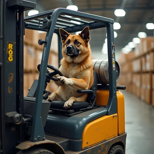 Prompt: A dog working, driving a forklift in a warehouse. The dog is sitting seriously in the driver’s seat, using its paws to control the machine. The forklift is carrying large boxes, and the dog looks focused on its task. The environment is an industrial warehouse with bright lighting and stacks of boxes around