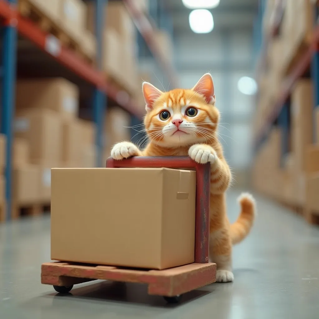 Prompt: A cute cat working in a warehouse, pushing a hand pallet with its paws. The cat looks adorable and focused, with its little paws on the handle of the pallet as it moves boxes around. The scene is bright and playful, with the cat looking determined but still maintaining its cuteness. The background features a tidy warehouse with neatly stacked boxes and shelves