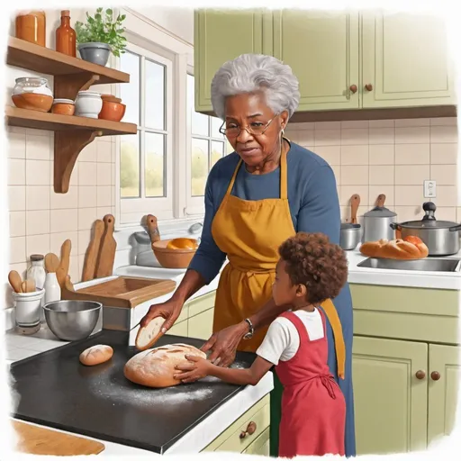 Prompt: drawing of a black grandmother making bread with her grandchild in a pretty kitchen