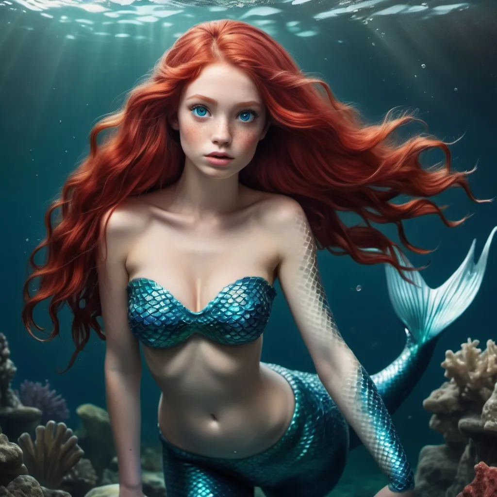 Prompt: realistic mermaid in red hair and blue eye full body showing in ocean 