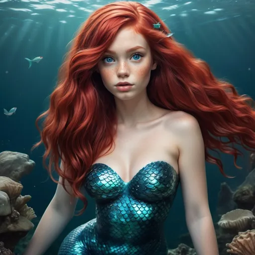 Prompt: realistic mermaid in red hair and blue eye full body showing in ocean 