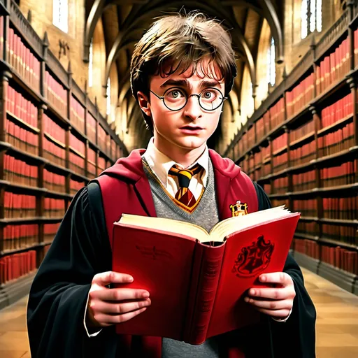 Prompt: Harry potter wearing yellow spectacles talking to a Big red book in Hogwarts library