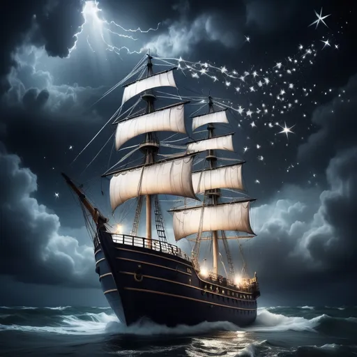 Prompt: A ship in dark stormy nights with silver sparkling stars