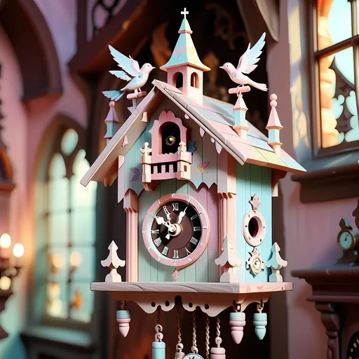 Prompt: Dreamy pastel portrait, a wooden cuckoo clock singing in a King's castle,ethereal atmosphere, soft focus