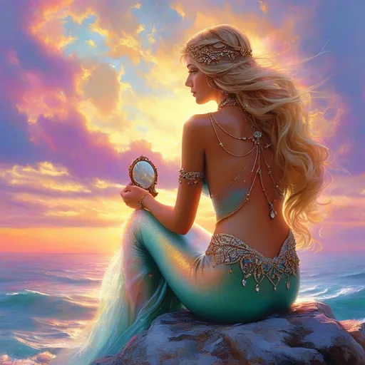 Prompt: a very romantic atmosphere. Beautiful colorful sky and the sea in the background. At the front a beautiful meremaid sitting on a stone, looking into a small hand mirror. she has her body covered with necklaces of colorful diamonds.