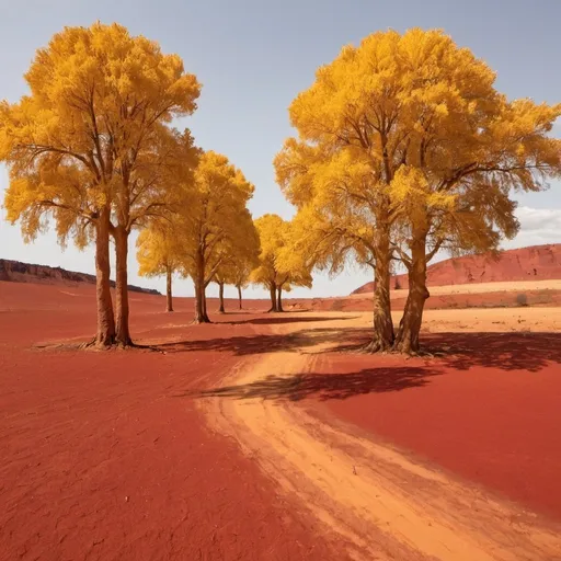 Prompt: Golden trees on a red earth landscape 