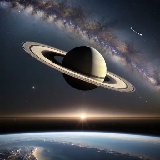 Prompt: Saturn rings around the earth and in the background the Milky Way with spaceships small in the distance 