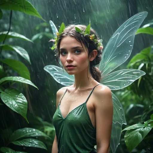 Prompt: A human looking fairy in the raining jungle 