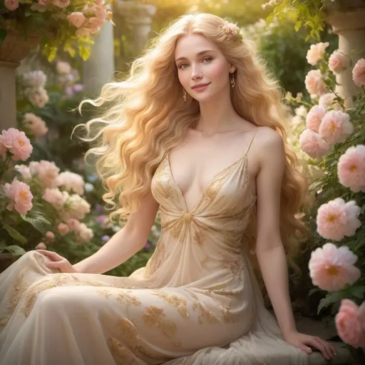 Prompt: (good looking venus goddess), ethereal beauty, flowing (golden hair), divine elegance, wearing a delicate (flowing gown), gentle smile, surrounded by lush (garden of flowers), soft, warm light, tranquil atmosphere, warm pastel colors, serene expression, high definition, ultra-detailed, captivating charm, timeless allure, evoking grace and serenity.