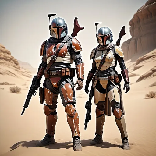Prompt: two Mandalorian siblings with sniper rifle and blaster pistols, one male, one female, rugged and weathered armor, sandy desert planet, dynamic action pose, high quality, detailed 3D rendering, sci-fi, dusty tones, intense sunlight, intricate armor details, intense and focused gaze, cool metallic sheen, best quality, ultra-detailed, action-packed, sci-fi, weathered armor, dynamic pose, desert planet, intense sunlight, dusty tones