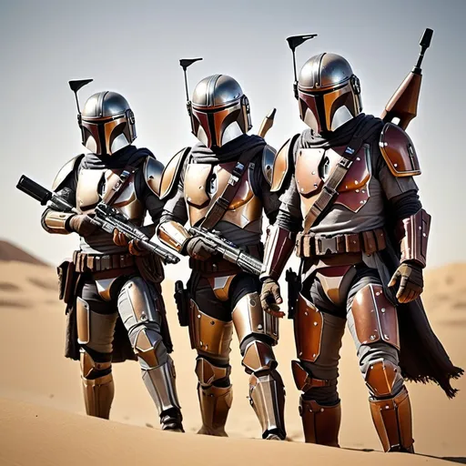 Prompt: Mandalorian siblings with sniper rifle and blaster pistols, rugged and weathered armor, sandy desert planet, dynamic action pose, high quality, detailed 3D rendering, sci-fi, dusty tones, intense sunlight, intricate armor details, intense and focused gaze, cool metallic sheen, best quality, ultra-detailed, action-packed, sci-fi, weathered armor, dynamic pose, desert planet, intense sunlight, dusty tones