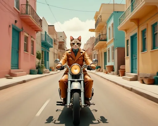 Prompt: cinematic photograph Wes Anderson style, man on motorcycle, cat in sidecar, cartoon villain chasing, symmetrical image 