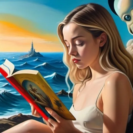 Prompt: Make a surrealist painting in the style of Dali of Sydney Sweeney reading a mysterious novel on neptune, soft natural lighting, high detail in face, high detail in landscape, curious onlooking aliens