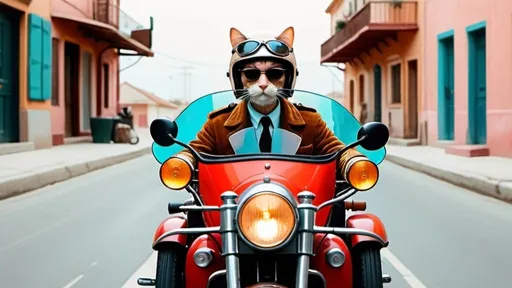 Prompt: Wes Anderson style cinematic photograph, man driving motorcycle, two cats in sidecar, sipping espresso, symmetrical image 