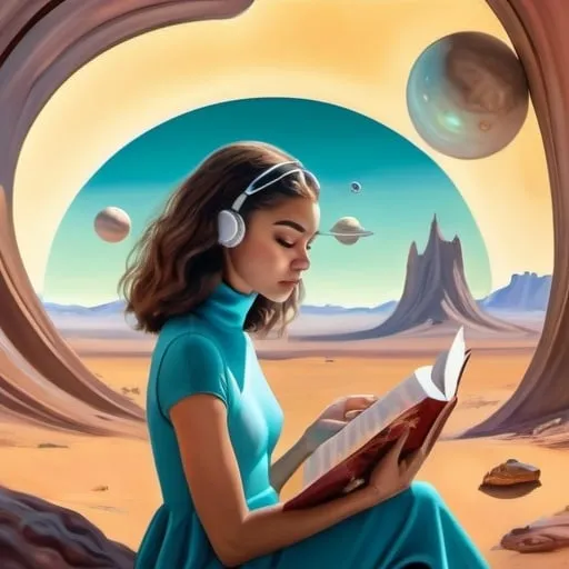 Prompt: Make a surrealist painting in the style of Dali of Zendaya reading a mysterious novel on an unknown planet, soft natural lighting, high detail in face, high detail in background landscape, curious onlooking aliens, abstract shapes 
