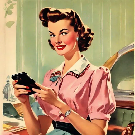 Prompt: handsome woman on the first page of magazine, 50's editorial color illustration, holding iPhone 