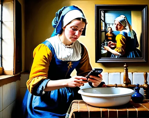 Prompt: Vermeer style painting of a milkmaid using an iPhone, 17th century bathroom, high detail, soft natural lighting, detailed expression, 