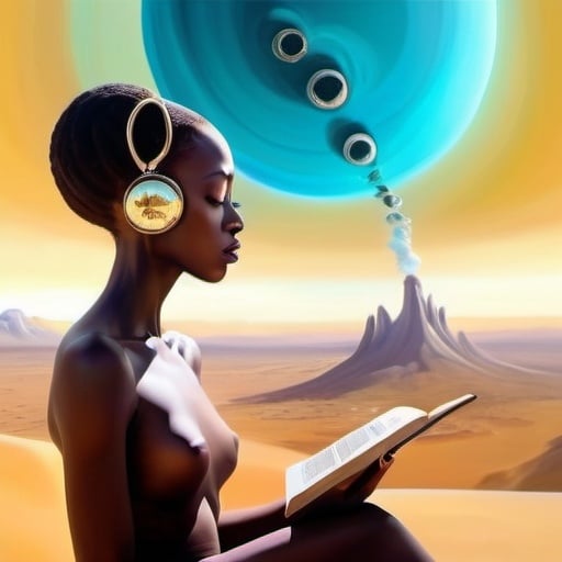 Prompt: Make a surrealist painting in the style of Salvador Dali of Amanda Gorman reading a mysterious novel on an unknown planet, she is ruler of  the planet, hazy lighting, dust flying around, mysterious vapor, high detail in face, high detail in background landscape, abstract aliens in background, abstract shapes, earth far away