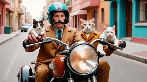 Prompt: Wes Anderson style cinematic photograph, man driving motorcycle, two cats in sidecar, sipping espresso, symmetrical image 