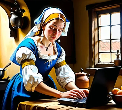 Prompt: Vermeer style painting of a milkmaid using a laptop while cooking, 17th century kitchen, high detail, soft natural lighting, detailed expression, detailed kitchen