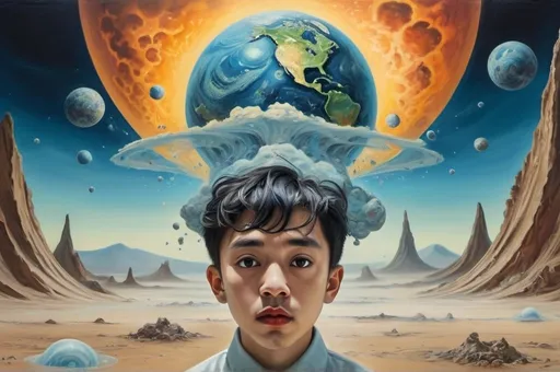 Prompt: Make a surrealist painting in the style of Salvador Dali of Ocean Vuong identifying a new species on an unknown planet, the child is ruler of the planet, cosmic dust is flying around, vapor in air, high detail in face, high detail in background landscape, abstract aliens in background, abstract shapes, earth far away