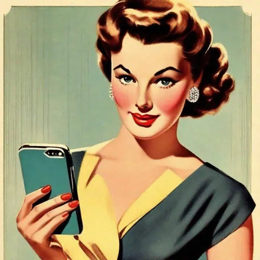 Prompt: handsome woman on the first page of magazine, 50's editorial color illustration, holding iPhone 