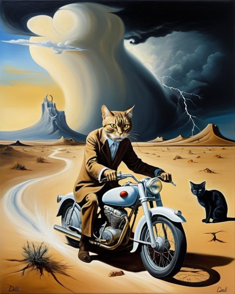 Prompt: surrealist painting, Salvador Dali style, cat in desert, man on motorcycle, storm in the distance, the world is restarting, humanity might end, hope and fear, all of nature is watching and waiting, distorted proportions natural light