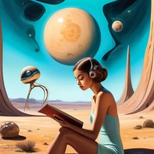 Prompt: Make a surrealist painting in the style of Dali of Zendaya reading a mysterious novel on an unknown planet, soft natural lighting, high detail in face, high detail in background landscape, curious onlooking aliens, abstract shapes 