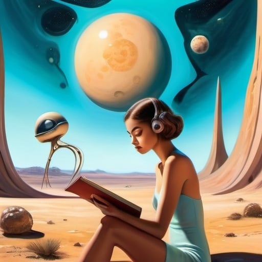 Prompt: Make a surrealist painting in the style of Dali of Zendaya reading a mysterious novel on an unknown planet, soft natural lighting, high detail in face, high detail in background landscape, curious onlooking aliens, abstract shapes 