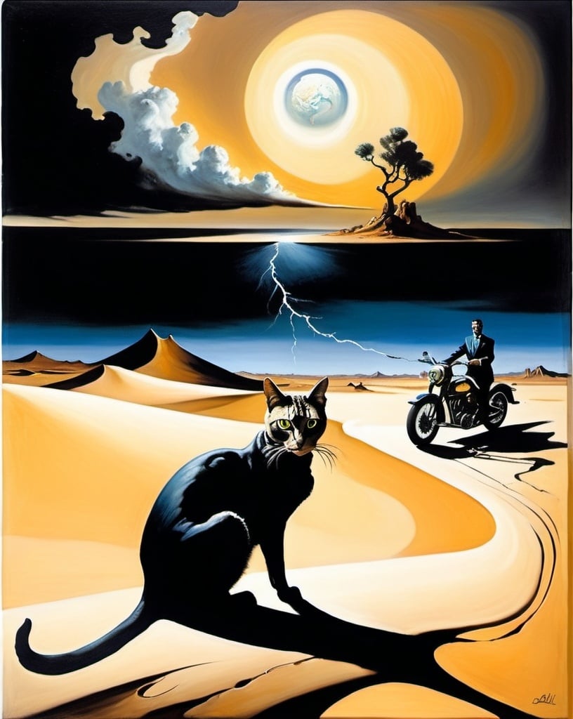 Prompt: surrealist painting, Salvador Dali style, cat in desert, man on motorcycle, storm in the distance, the world is restarting, humanity might end, hope and fear, all of nature is watching and waiting, distorted proportions natural light