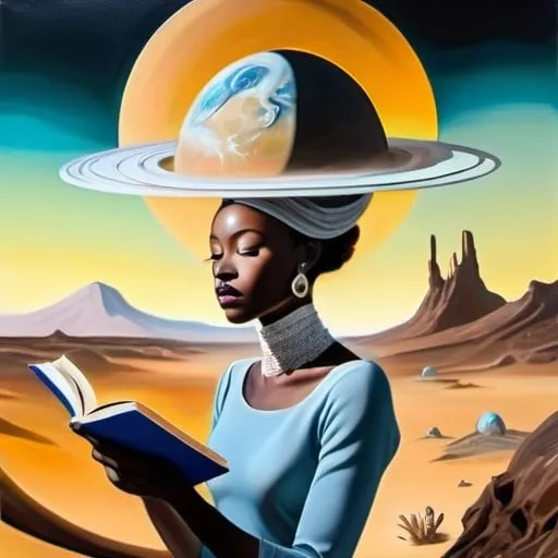 Prompt: Make a surrealist painting in the style of Salvador Dali of Amanda Gorman reading a mysterious novel on an unknown planet, she is ruler of  the planet, hazy lighting, dust flying around, mysterious vapor, high detail in face, high detail in background landscape, abstract aliens in background, abstract shapes, earth far away