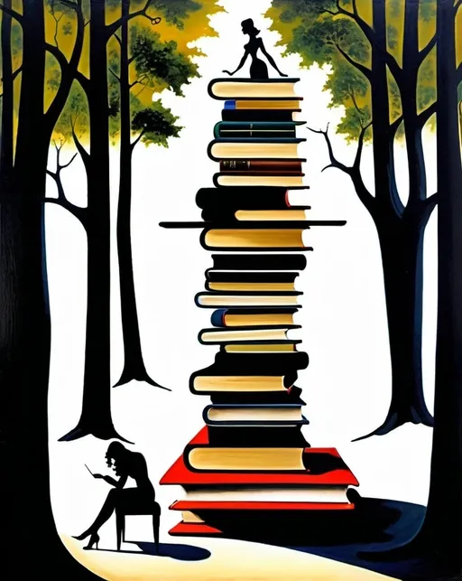 Prompt: surrealist painting, Salvador Dali style, library in forest, books create life, all of nature is celebrating the books, a queen reigns over the books, the queen is a curvy blonde woman 