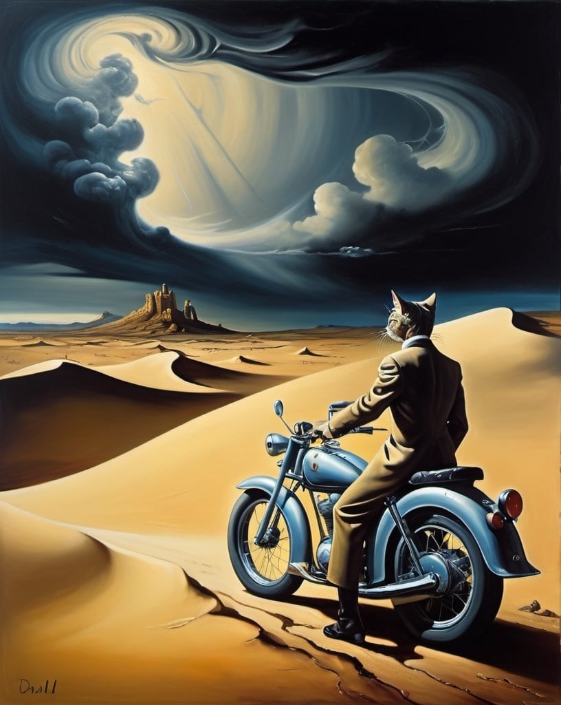 Prompt: surrealist painting, Salvador Dali style, cat in desert, man on motorcycle, storm in the distance, the world is restarting, humanity might end, hope and fear, all of nature is watching and waiting, distorted proportions natural light