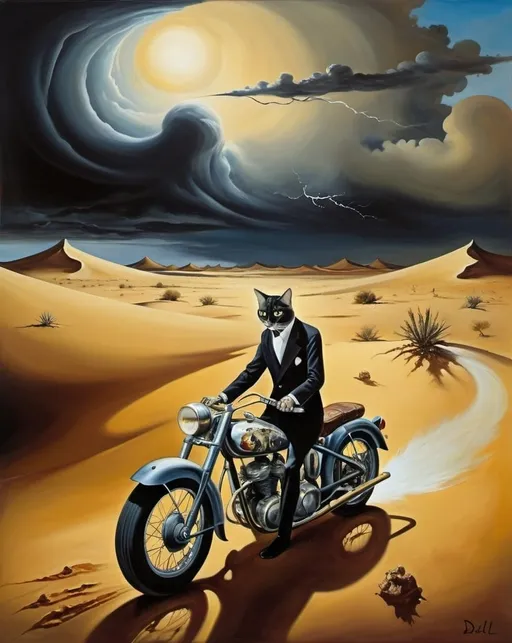 Prompt: surrealist painting, Salvador Dali style, cat in desert, man on motorcycle, storm in the distance, the world is restarting, humanity might end, hope and fear, all of nature is watching and waiting, distorted proportions natural light