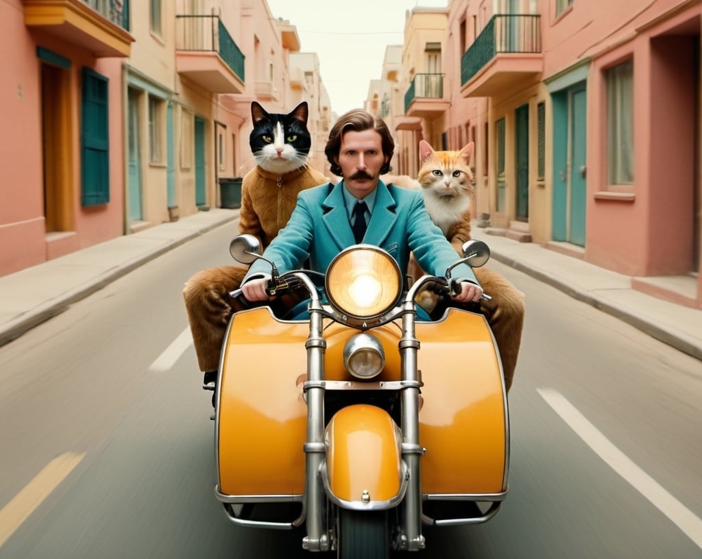 Prompt: cinematic photograph Wes Anderson style, man on motorcycle, cat in sidecar, cartoon villain chasing, symmetrical image 