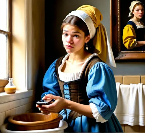 Prompt: Vermeer style painting of a Zendaya milkmaid using an iPhone, 17th century bathroom, high detail, soft natural lighting, detailed expression, bored  