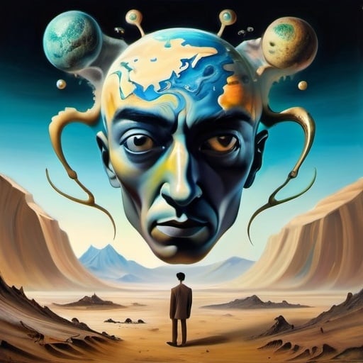 Prompt: Make a surrealist painting in the style of Salvador Dali of Ocean Vuong identifying a new species on an unknown planet, he is ruler of the planet, m dust flying around, vapor in air, high detail in face, high detail in background landscape, abstract aliens in background, abstract shapes, earth far away