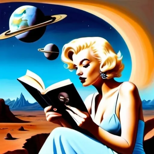 Prompt: Make a surrealist painting in the style of Dali of Marilyn Monroe reading a mysterious novel on an unknown planet, she is too big for the planet, soft natural lighting, high detail in face, high detail in background landscape, curious onlooking aliens, abstract shapes, earth far away