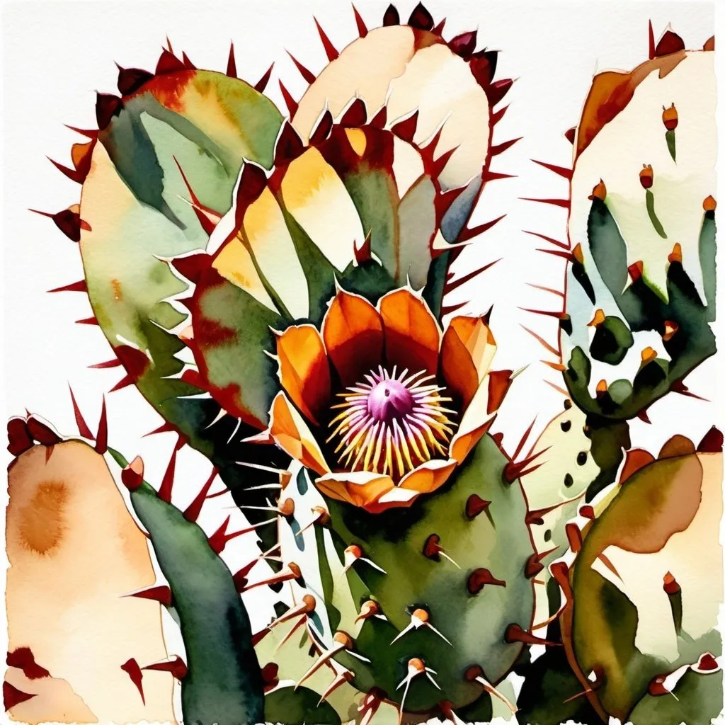 Prompt: Create a painting in the style of Georgia O’Keefe of a prickly pear cactus in New Mexico, watercolor painting, close zoom, brown cattledog eye peeking around the edge 
