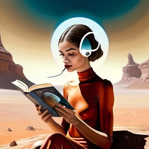 Prompt: Make a surrealist painting in the style of Dali of Zendaya reading a large novel on Mars, soft lighting, high detail in face, high detail in landscape, curious people, curious aliens