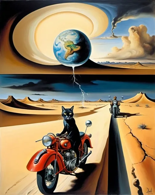 Prompt: surrealist painting, Salvador Dali style, cat in desert, man on motorcycle, storm in the distance, the world is restarting, humanity might end, hope and fear, all of nature is watching and waiting, distorted proportions natural light