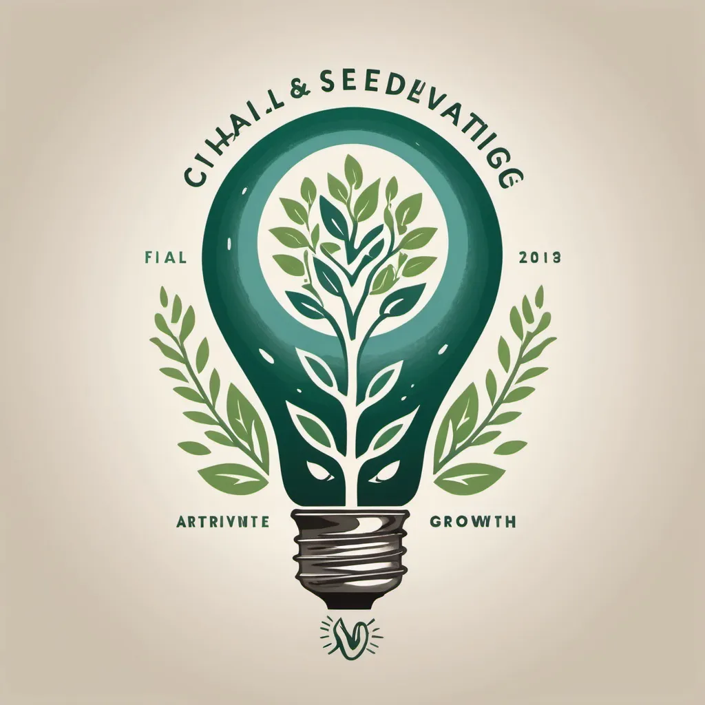 Prompt: The logo features a seedling sprouting from the earth, symbolizing growth, renewal, and the potential for change. The seedling is shaped like a lightbulb, representing ideas and innovation. Surrounding the seedling are swirling patterns resembling wind and water, highlighting the interconnectedness of climate action with the natural elements. The typography is organic and fluid, reflecting the project's emphasis on creativity and artivism.