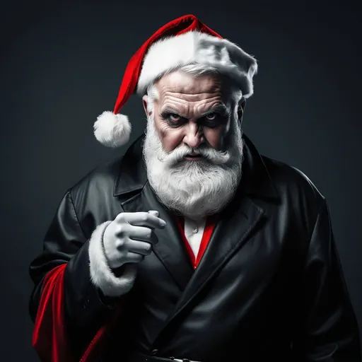 Prompt: Evil santa with a black coat instead of red
