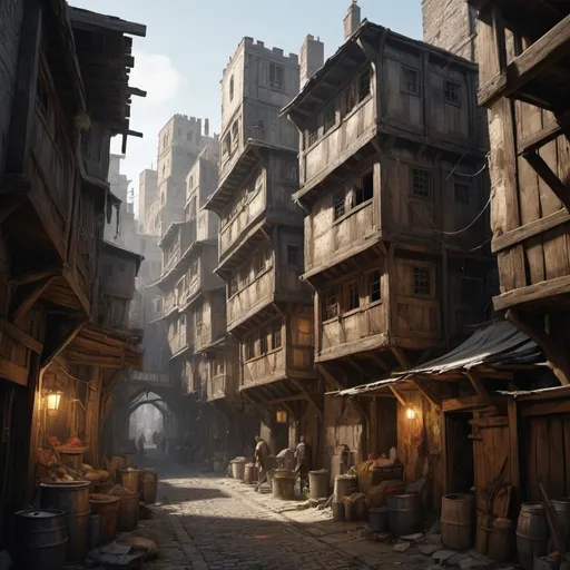 Prompt: a medieval fantasy multi-storey city slum packed around a central alley. the buildings loom overhead

