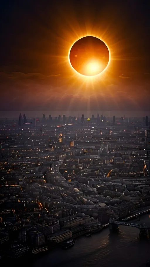 Prompt: Total eclipse over London, One Sun, dramatic sky, detailed cityscape silhouette, high quality, digital painting, vibrant colors, atmospheric lighting, iconic landmarks, dynamic composition, celestial event, large scale, city silhouette, eclipse, highres, dramatic clouds, intense shadows